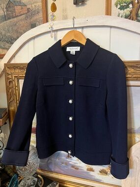 St.John Collection Sz. 2 Silk Blend Knit Cardigan Faux Pearl Buttons Coastal